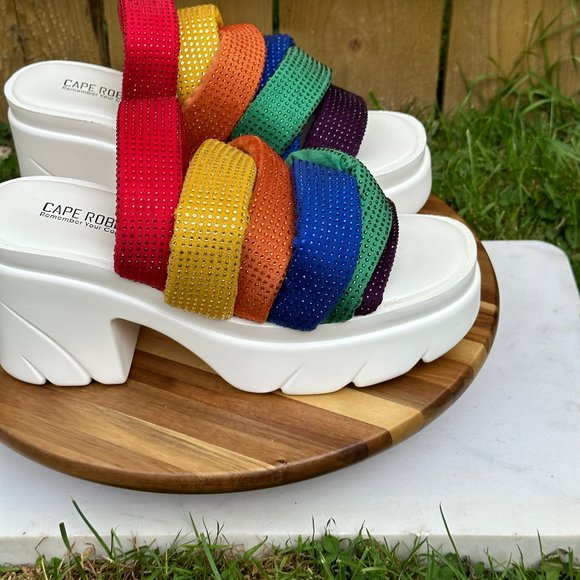 Cape Robbin Multi- Color Spandex Mid Block Heels Rhinestone Trim Sandals - Picture 9 of 10